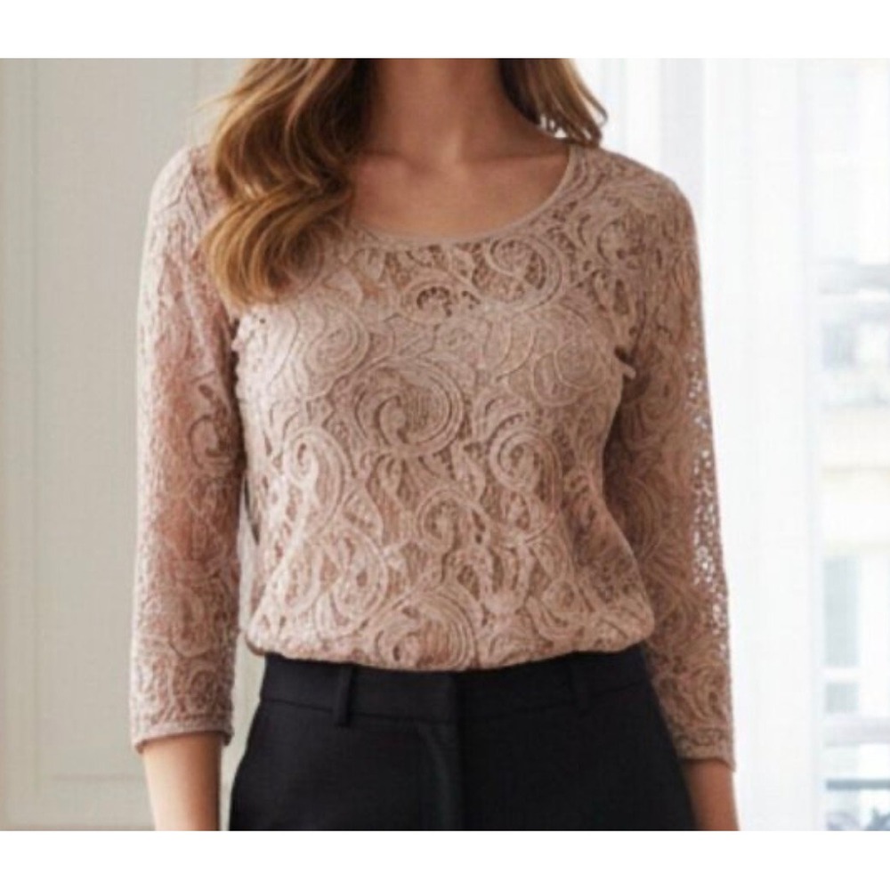 Adrianna Papell Women Pink‎ Floral Lace 3/4 Sleeve Blouse Lacecore Barbie Medium
